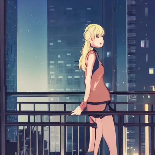 Image similar to a blonde woman with a ponytail wearing black stands on her balcony over a city street at night, anime style, 4k