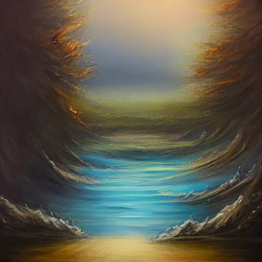 Prompt: an endless lake, that leads into another dimension, portal, oil painting, trending on artstation