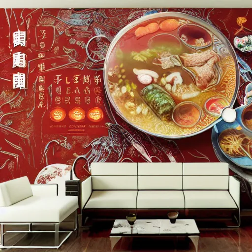 Prompt: a beautiful hyperdetailed 4 k hd wall paper illustration of roasted string hotpot restaurant restaurant yan'an, wall corner, simple style, wall painting, from china, with merchant logo, simple structure, surrealistic, chinese style, victo ngai