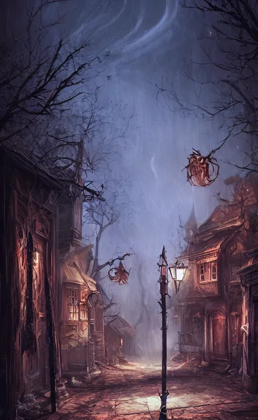 Image similar to dark fantasy concept art of a neighbor hood view at night of a Halloween decorated street, dynamic lighting, photorealistic, cinematic, ultra detailed, trending on art station, creepy, lonely vibe, stunning visuals, extreme detail, eery vibe