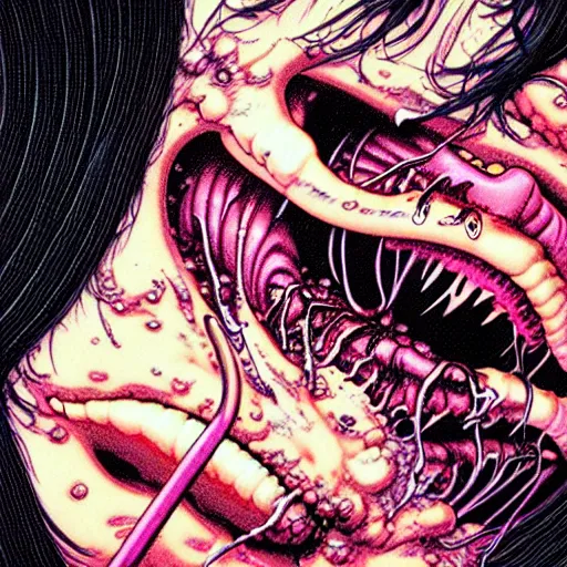 Image similar to closeup of face melting and tongues, by yoichi hatakenaka, masamune shirow, josan gonzales and dan mumford, ayami kojima, takato yamamoto, karol bak