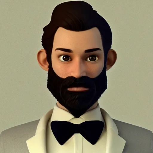 Image similar to a highly detailed portrait of a man, with a medium brown beard and hair, blue eyes, wearing a tuxedo, artstation, deviantart, professional, octane render