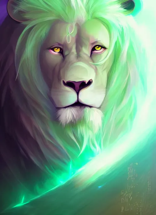 Image similar to !dream aesthetic portrait commission of an albino male furry anthro lion wearing a mint colored thin cloack, pastel Neon lense flares. Atmospheric. Character design by charlie bowater, ross tran, artgerm, and makoto shinkai, detailed, inked, western comic book art, 2021 award winning painting