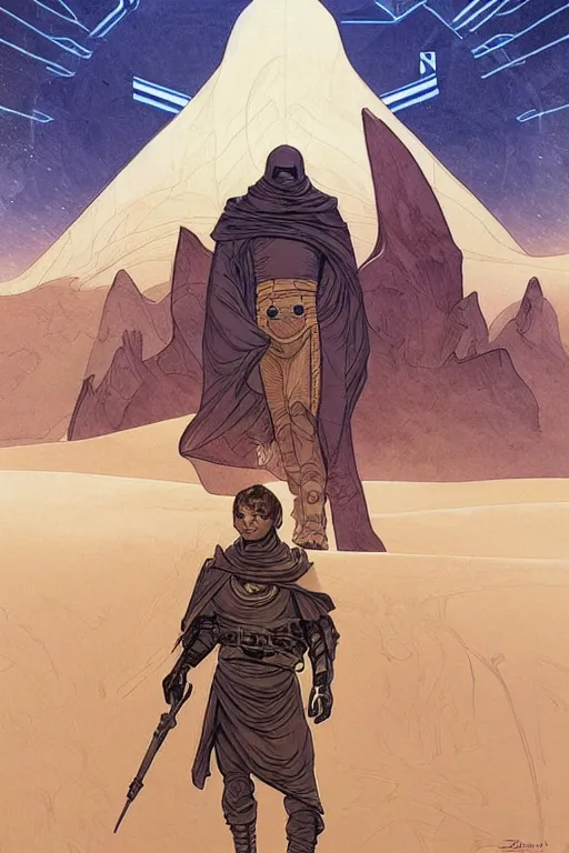 Image similar to frank herbert's dune themed majestic paul atreides blue eyed fremen prophet sketch by sachin teng, moebius, artgerm, alphonse mucha, masterpiece, intricate organic painting, matte painting, futuristic geometrical drawing shapes, desert ambience, hard edges, cinematic character art movie poster by drew struzan, graffiti, street art by sachin teng