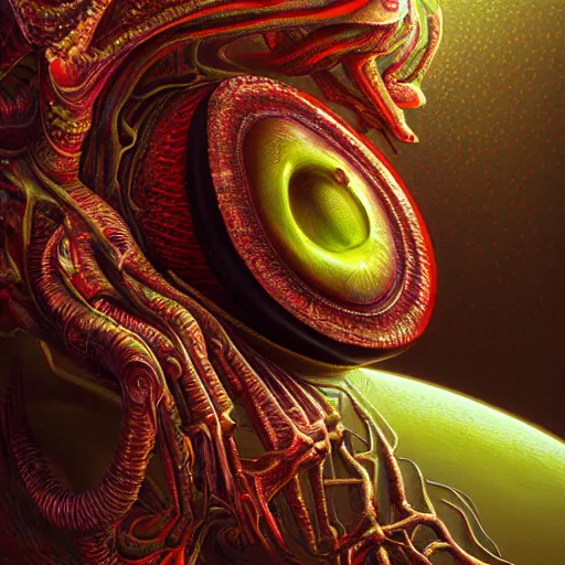 Prompt: hyper detailed ultra sharp, trending on artstation, vibrant aesthetic, bloodwave, colorful, psychedelic, ornate, intricate, digital painting, concept art, smooth, sharp focus, illustration, an armchair that looks like an avocado, art by artgerm and greg rutkowski and h. r. giger, 8 k