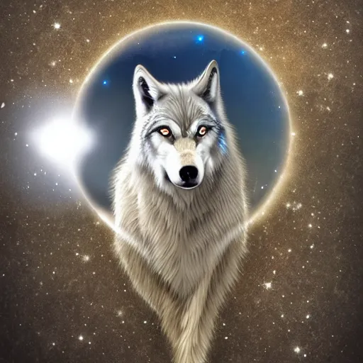 Image similar to a wolf made out of clear crystal with moon shining through it, fantasy art, high definition, lens flares