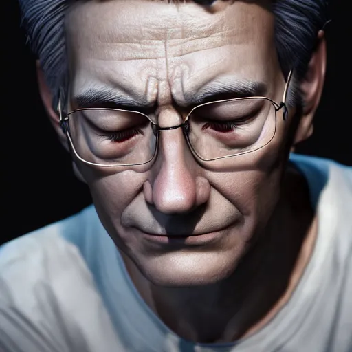 Prompt: portrait of an aging Peter Parker with eyes closed, wrinkles, unshaven. detailed, octane render, trending on artstation, hyper realism, 4k.