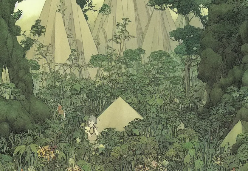 Prompt: a movie still from a studio ghibli film showing several large white pyramids in a swampy jungle. by studio ghibli, rebecca guay, michael kaluta, charles vess
