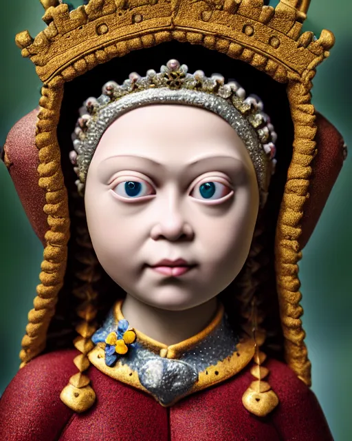 Prompt: closeup profile medieval jan van eyck face portrait of tin toy greta thunberg as a fairytale princess wearing a crown eating cakes in the castle, bikini, nicoletta ceccoli, mark ryden, lostfish, max fleischer, depth of field, detailed and intricate environment, 8 k resolution, hyperrealistic, octane render
