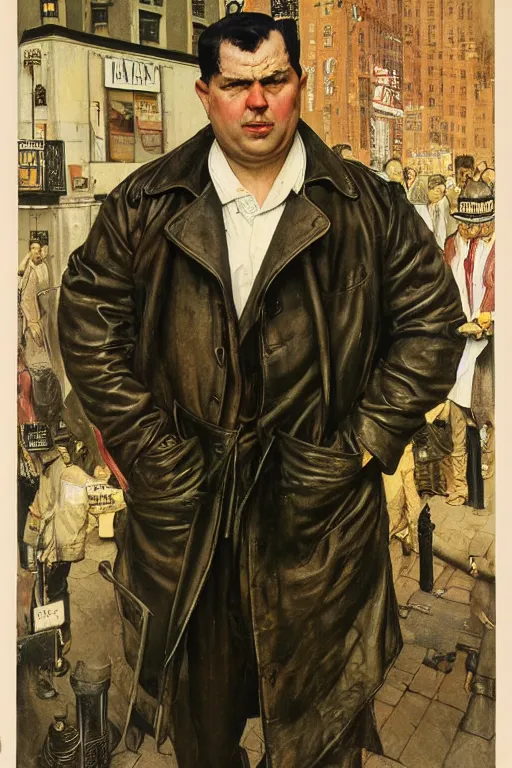 Prompt: full length portrait of butterbean as a huge hulking marvel gangster wearing a leather trench coat standing on street 1 9 3 0 s new york, by lawrence alma tadema and zdzislaw beksinski and norman rockwell and jack kirby and tom lovell and greg staples and michael alford