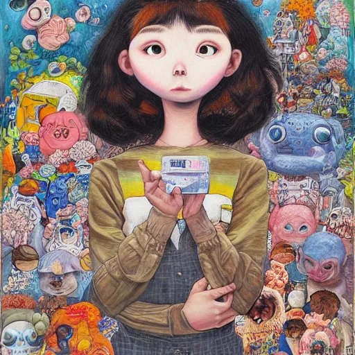 Image similar to A mixed mediart. A rip in spacetime. Did this device in her hand open a portal to another dimension or reality?! by Hikari Shimoda, by Diego Rivera realist