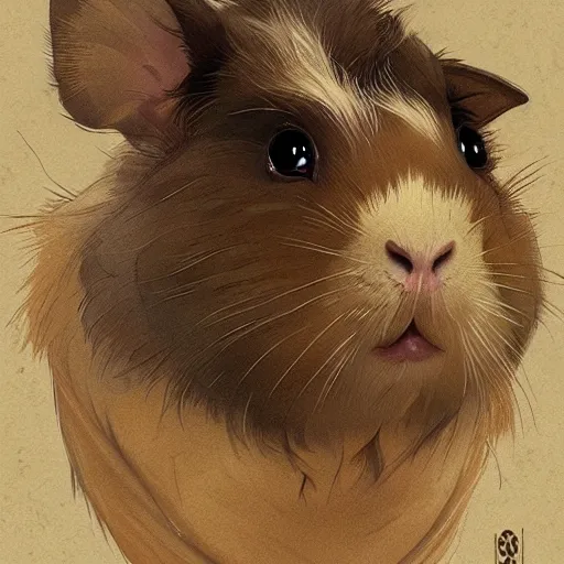 Image similar to A heraldic Prince Guinea Pig with big cute eyes portrait, D&D, fantasy, intricate, cinematic lighting, highly detailed, digital painting, artstation, concept art, smooth, sharp focus, illustration, art by Akihiko Yoshida, Greg Rutkowski and Alphonse Mucha