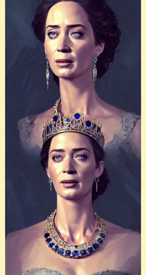 Image similar to portrait of emily blunt as queen, jewelry, greek, sapphire, victorian age, 1 8 9 0, intricate, headshot, key visual, conceptart, ambient lighting, highly detailed, digital painting, artstation, concept art, sharp focus, by makoto shinkai and akihiko yoshida and greg manchess