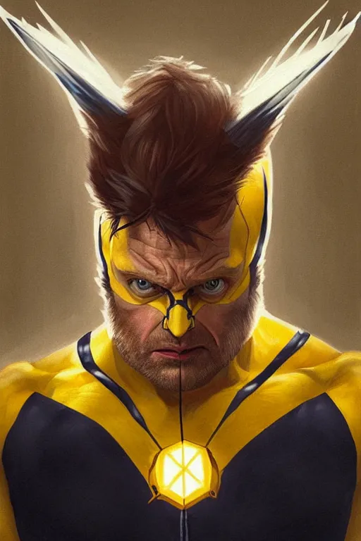 Prompt: Boris Johnson as Wolverine, claws are up, yellow X-man costume, portrait, masculine figure, highly detailed, digital painting, artstation, concept art, smooth, sharp focus, illustration, cinematic lighting, art by artgerm and greg rutkowski and alphonse mucha