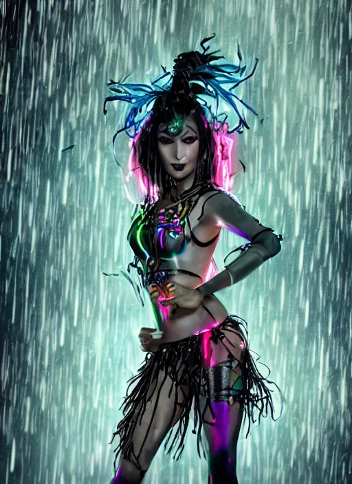 Image similar to An epic fantasy comic book style full body portrait painting of a very beautiful cybergoth Hula Dancer in the rain, neon reflections in the rain puddles, character design by Mark Ryden and Pixar and Hayao Miyazaki, unreal 5, DAZ, hyperrealistic, octane render, cosplay, RPG portrait, dynamic lighting, intricate detail, cinematic