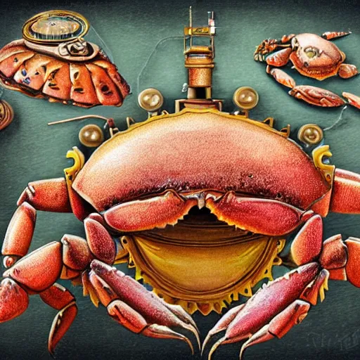 Prompt: hyperdetailed illustration of one small standalone crab indide a cyber shell, with flemish baroque rococo unexpected maximalist steampunk elements. seen from the distance hd! matte paper background. childrenbook in soft natural pastel tones