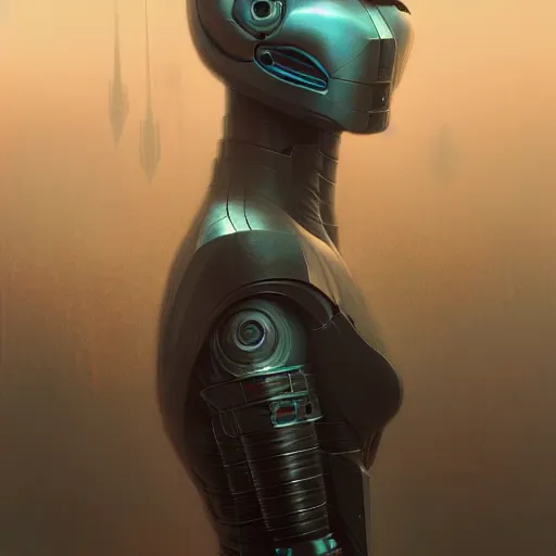 Image similar to dark digital concept art portrait of a high - tech robot on a depth of field background, artstation, award - winning realistic sci - fi concept art by jim burns and greg rutkowski, beksinski, a realism masterpiece, moody color palette, james gilleard, bruegel, alphonse mucha, and yoshitaka amano