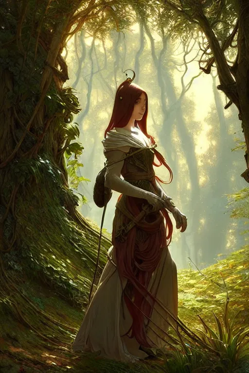 Prompt: beautiful digital painting of a stylish medieval female forest with high detail, 8 k, stunning detail, works by artgerm, greg rutkowski and alphonse mucha, unreal engine 5, 4 k uhd