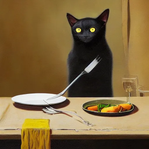 Image similar to a black cat with yellow eyes sitting at the table, eating a plate of mice using a knife and a fork, matte painting, photorealistic, oil painting, illustration