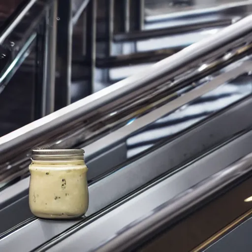 Prompt: a jar of mayonnaise on an escalator, photorealistic, 8 k