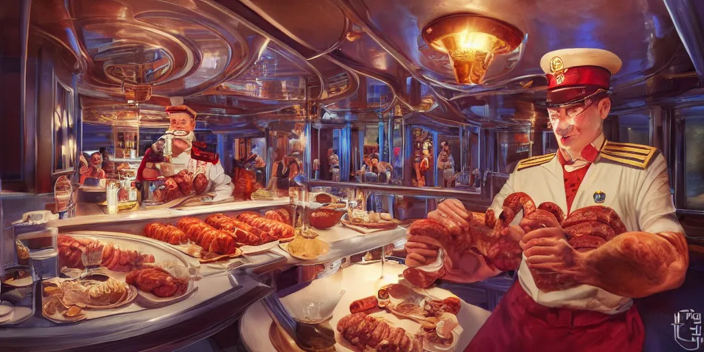 Image similar to Intricate detailed illustration, A carnival cruise ship captain with sausages for fingers, cinematic lighting, by Philip Hood, wide angle, volumetric light scattering, 8k, artstation, concept art,