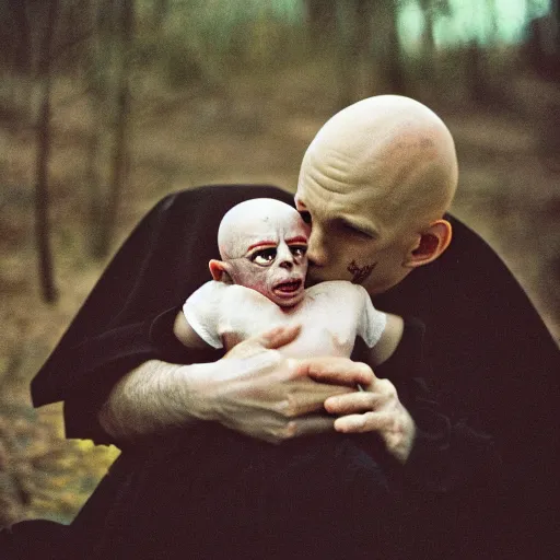 Image similar to portrait of nosferatu playing with his kid, realistic detailed photography, kodak 5 2 1 9 film, 5 0 mm lens