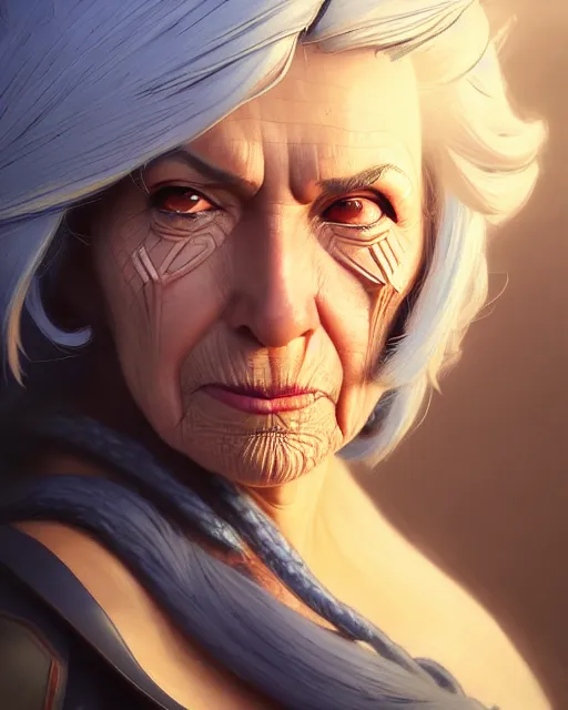 Image similar to ana from overwatch, older woman, gray hair, character portrait, portrait, close up, highly detailed, intricate detail, amazing detail, sharp focus, vintage fantasy art, vintage sci - fi art, radiant light, caustics, by boris vallejo