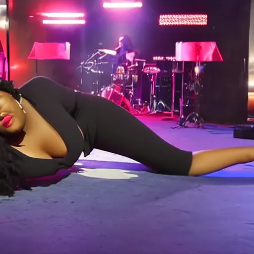 Prompt: local news broadcast of lizzo lying on the floor during a live broadcast