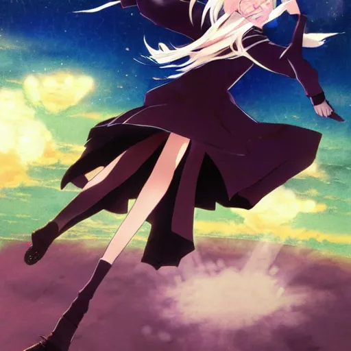 Image similar to Marisa Kirisame flying on a broom, beautiful anime drawing from pixiv, Touhou fanart, art by Leiji Matsumoto