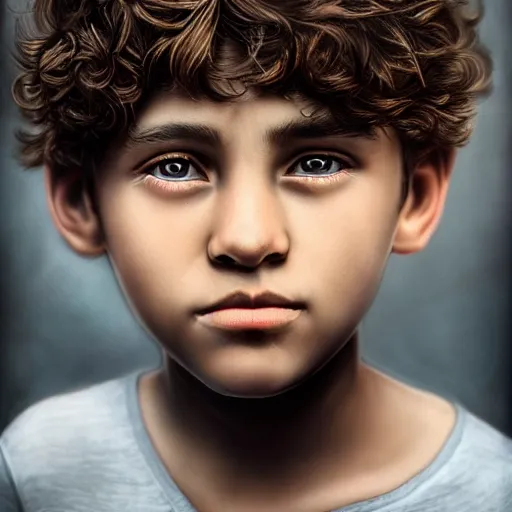 Image similar to a detailed portrait of a ten year old boy, he has short curly brown hair, brown eyes and white skin, fantasy art illustration, incredibly highly detailed and realistic, 8 k, sharp focus