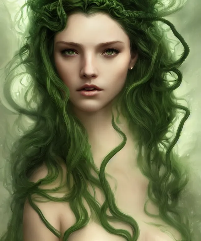 Prompt: medusa by charlie bowater and titian and artgerm, full - body portrait, intricate, face, lake, toga, elegant, green mist, beautiful, highly detailed, dramatic lighting, sharp focus, trending on artstation, artstationhd, artstationhq, unreal engine, 4 k, 8 k