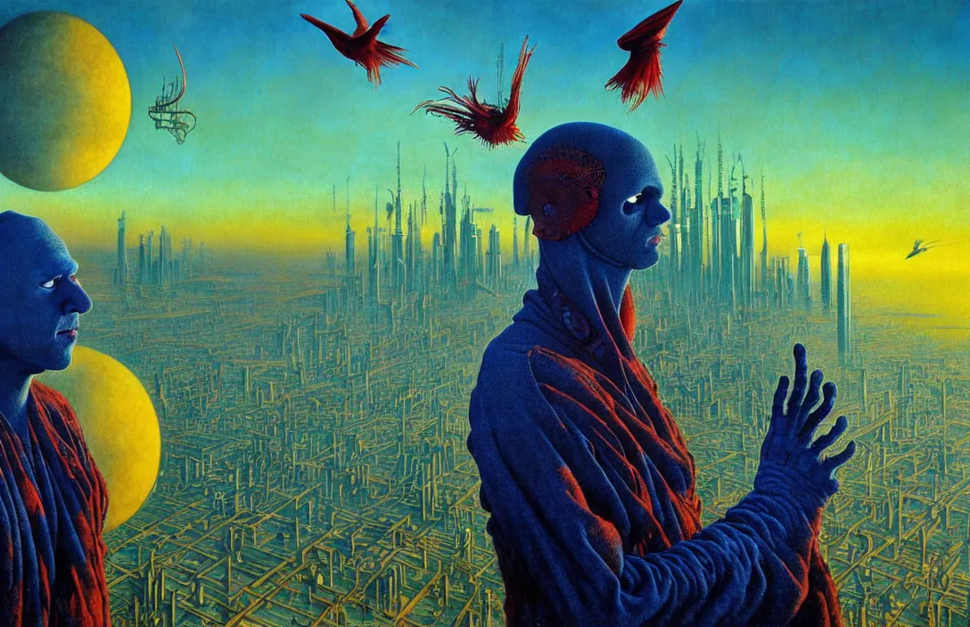 Image similar to realistic detailed portrait movie shot of a birdman wearing dark ragged robes, futuristic city sunset landscape background by denis villeneuve, amano, yves tanguy, alphonse mucha, ernst haeckel, max ernst, roger dean, masterpiece, deepdream, rich moody colours, bird head, blue eyes, hyperdetailed