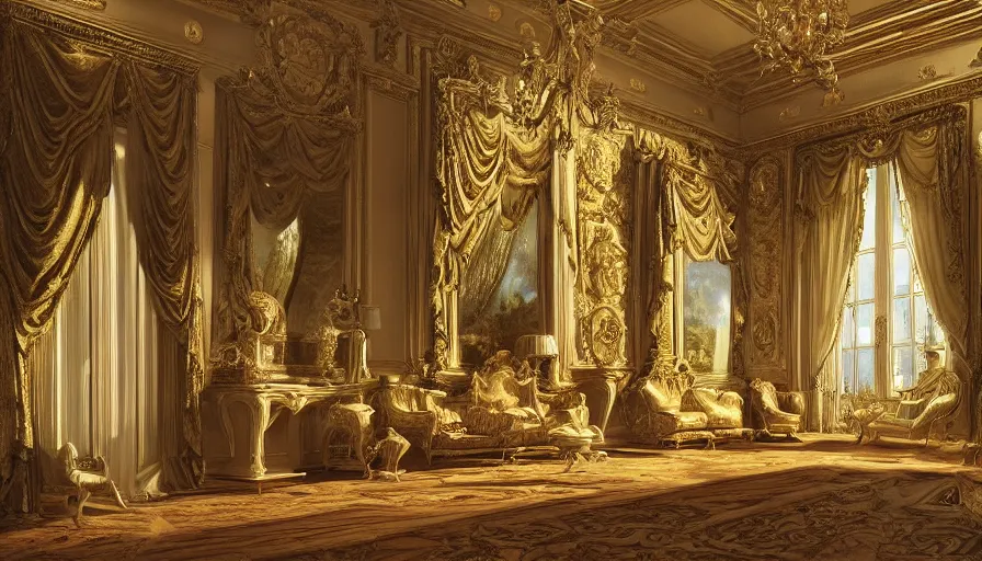 Image similar to photo of rococo interior, hyperrealism, extreme detail, intricate, elegant, highly detailed, sharp focus