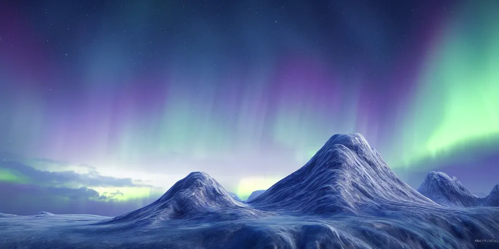 Image similar to icy mountain, icy buildings, glowing nacreous clouds, aurora borealis, cinematic lighting, atmospheric lighting, focus, ultra realistic, detailed, award winning, trending on artstation, unreal engine, digital art