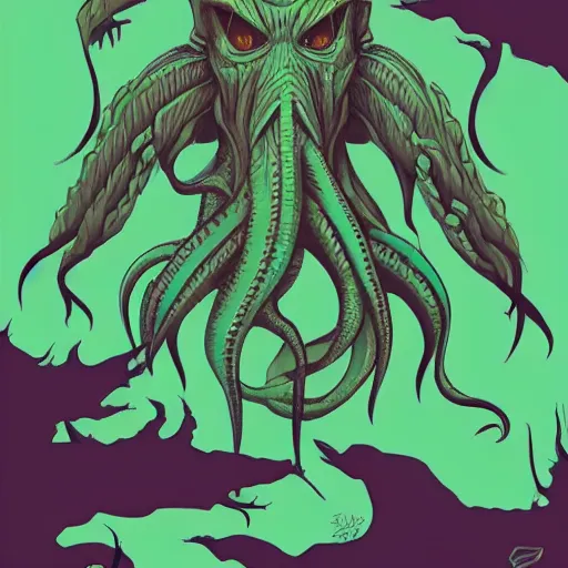 Image similar to 2d cthulhu illustration, simplified forms, high detail, in the style of Beistle studio lighting