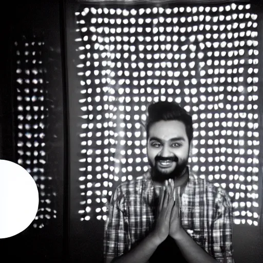 Image similar to Mutahar laughing, led lights, dark room