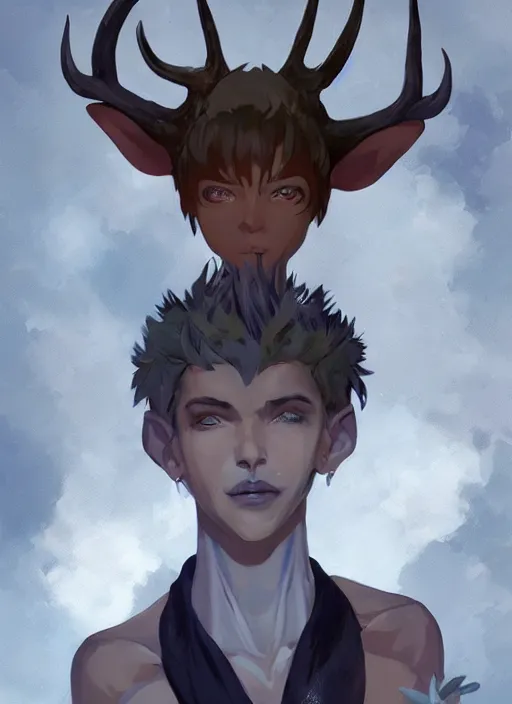 Image similar to concept art painting of an androgynous person with brown skin and short white hair, demon horns, deer makeup, full clothing, blue clothes, blue robes, detailed, cel shaded, in the style of ruan jia and artgerm and makoto shinkai and james gurney