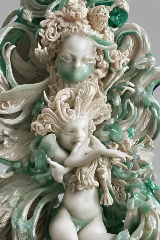 Image similar to a closeup photo, rococo alabaster and jade real delicate ceramic porcelain sculpture of an ornate detailed phoenix goddess in front of an intricate background by rafael, micro detail, backlit lighting, subsurface scattering, translucent, thin porcelain, emerald, jade, octane renderer, colorful, physically based rendering, trending on cgsociety