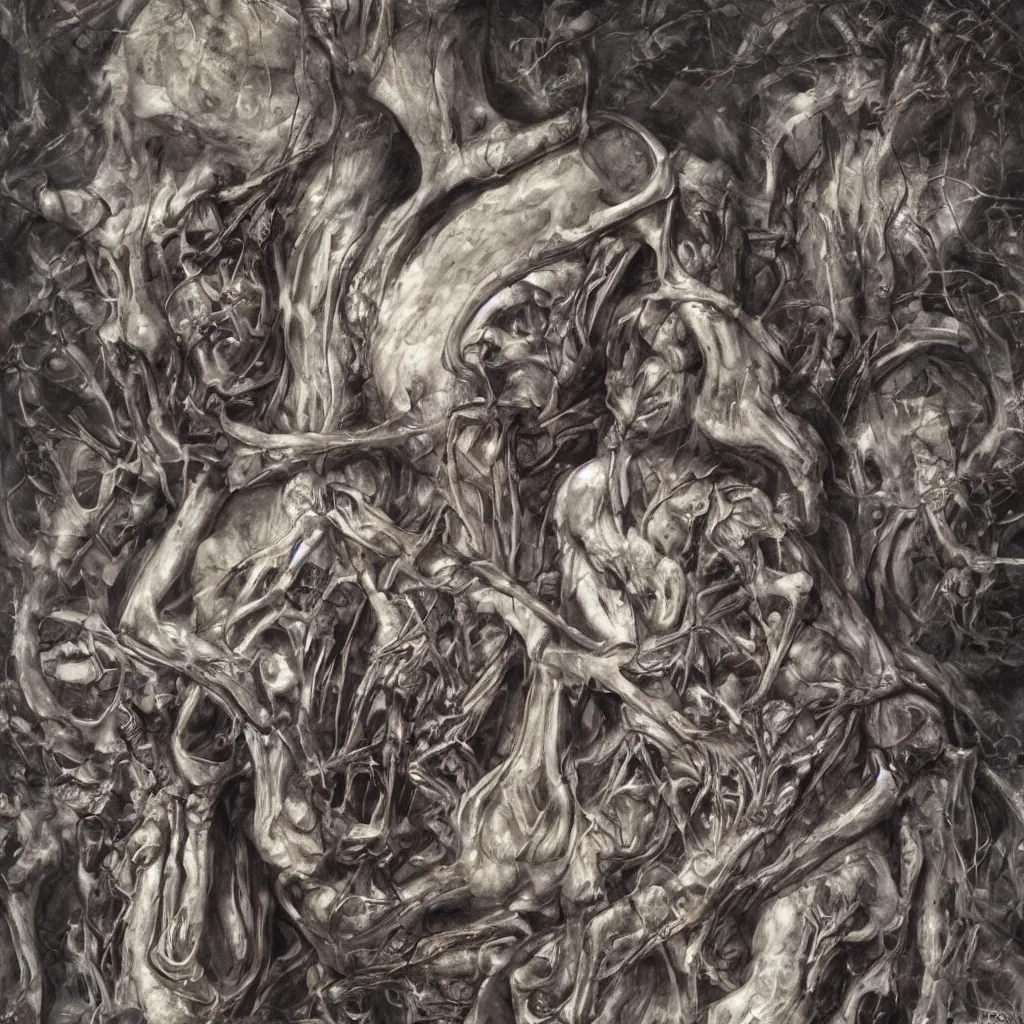 Image similar to realistic shot bloody bones, organs and flesh, biomechanical technology, natural light, by h r giger