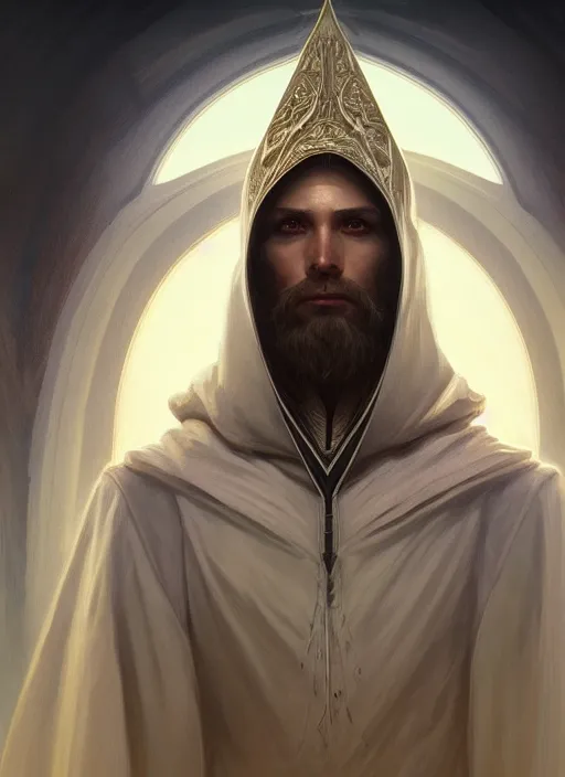 Prompt: symmetry!! portrait of male wizard wearing a hood, high fantasy, intricate, elegant, highly detailed, photorealistic, cinematic lighting, digital painting, artstation, concept art, smooth, sharp focus, illustration, art by artgerm and greg rutkowski and alphonse mucha,