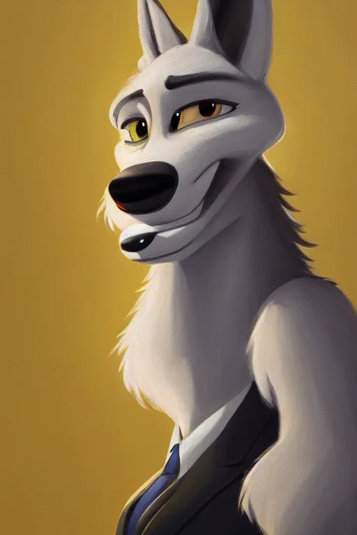 Image similar to oil painting of anthromorphic female wolf, in style of zootopia, female fursona, furry, furaffinity, 4 k, deviantart, furry art, fursona art, wearing black business suit, business suit, wolf fursona, female, smug expression,