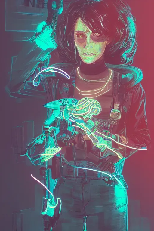 Image similar to portrait of a girl with a biomechanic scale fish and neon light by Laurie Greasley and Greg Rutkowski , digital painting, highly detailed, trending on artstation