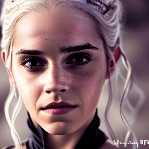 Image similar to Emma Watson full shot modeling as Daenerys Targaryen From Game of Thrones, (EOS 5DS R, ISO100, f/8, 1/125, 84mm, postprocessed, crisp face, facial features)