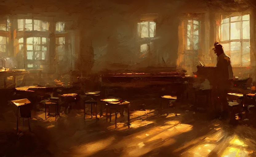 Prompt: a messy music classroom interior painting by Craig Mullins, octane rendering, warm moody lighting, wide angle lens, low view, in the style of Pixar animation, trending on artstation,