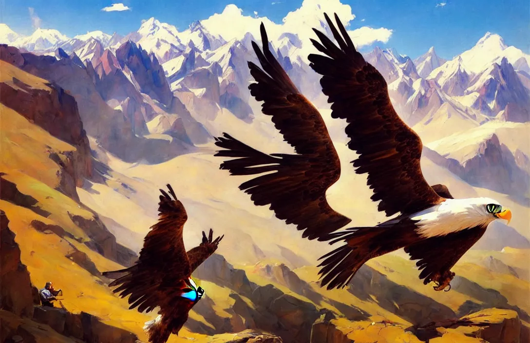 Image similar to greg manchess painting of eagle hunter sitting on the background of mountains in kyrgyzstan, medium shot, asymmetrical, organic painting, sunny day, matte painting, bold shapes, hard edges, street art, trending on artstation, by huang guangjian and gil elvgren and sachin teng