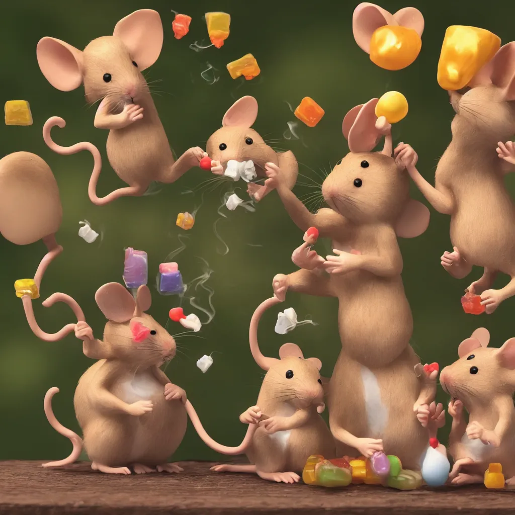 Prompt: happy mice smoking a bong and eating candy, golden hour, ultra realistic