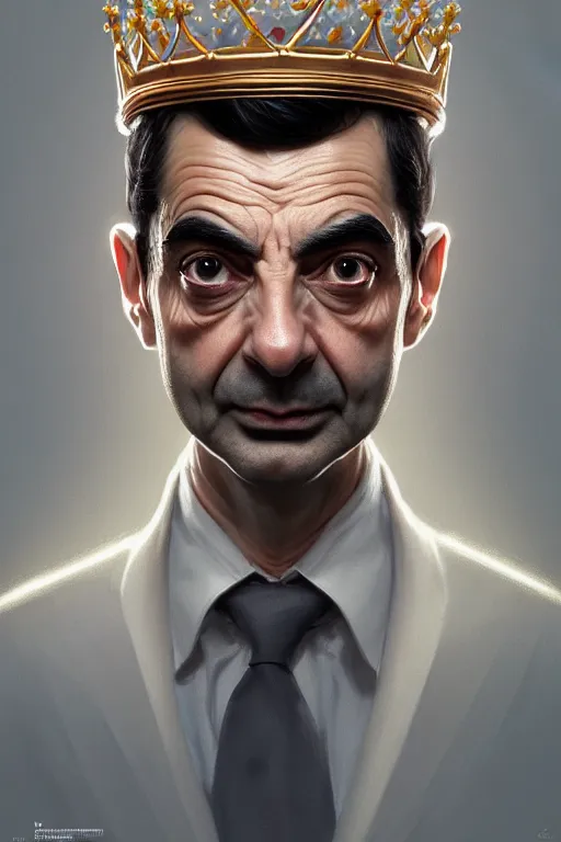 Image similar to highly detailed portrait of an elegant mr bean, ornate crown, beautiful symmetrical face, glowing skin, digital painting, artstation, concept art, smooth, clear focus, illustration, greg rutkowski, artgerm, global lighting, detailed and fantasy