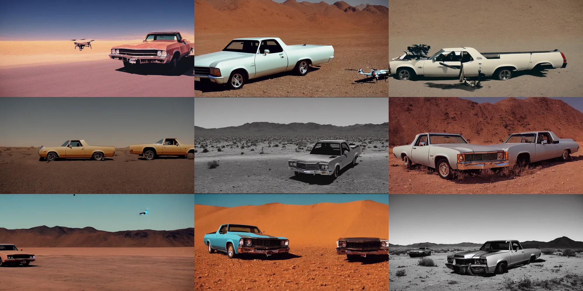 Prompt: drone strike on an el camino classic car, desert landscape, cinestill 8 0 0 t, movie still, film grain