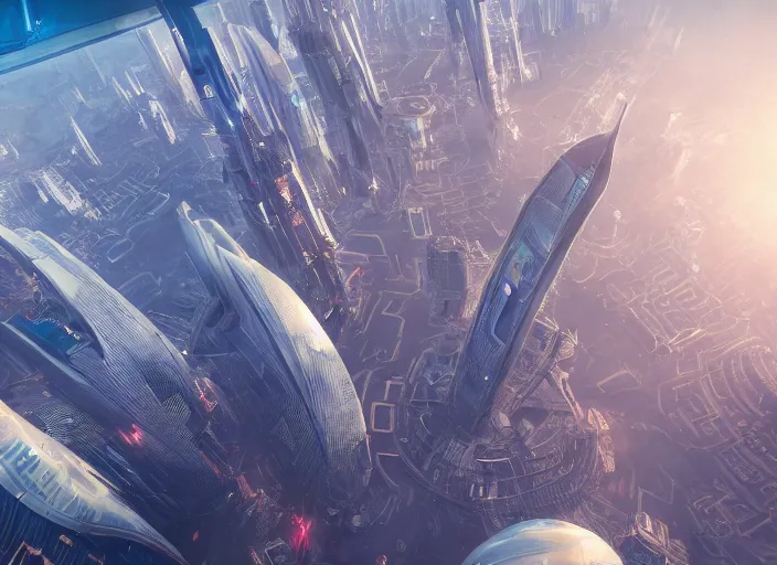 Image similar to painting of a tall futuristic city from above the clouds, intricate abstract. delicate artwork. by Tooth Wu, wlop, beeple, dan mumford. octane render, trending on artstation, greg rutkowski very coherent symmetrical artwork. cinematic, hyper realism, high detail, octane render, 8k, depth of field, bokeh. chrome accents.