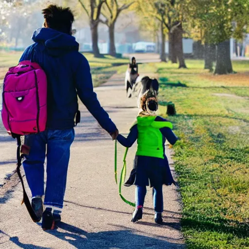 Image similar to a dog is walking a child to school